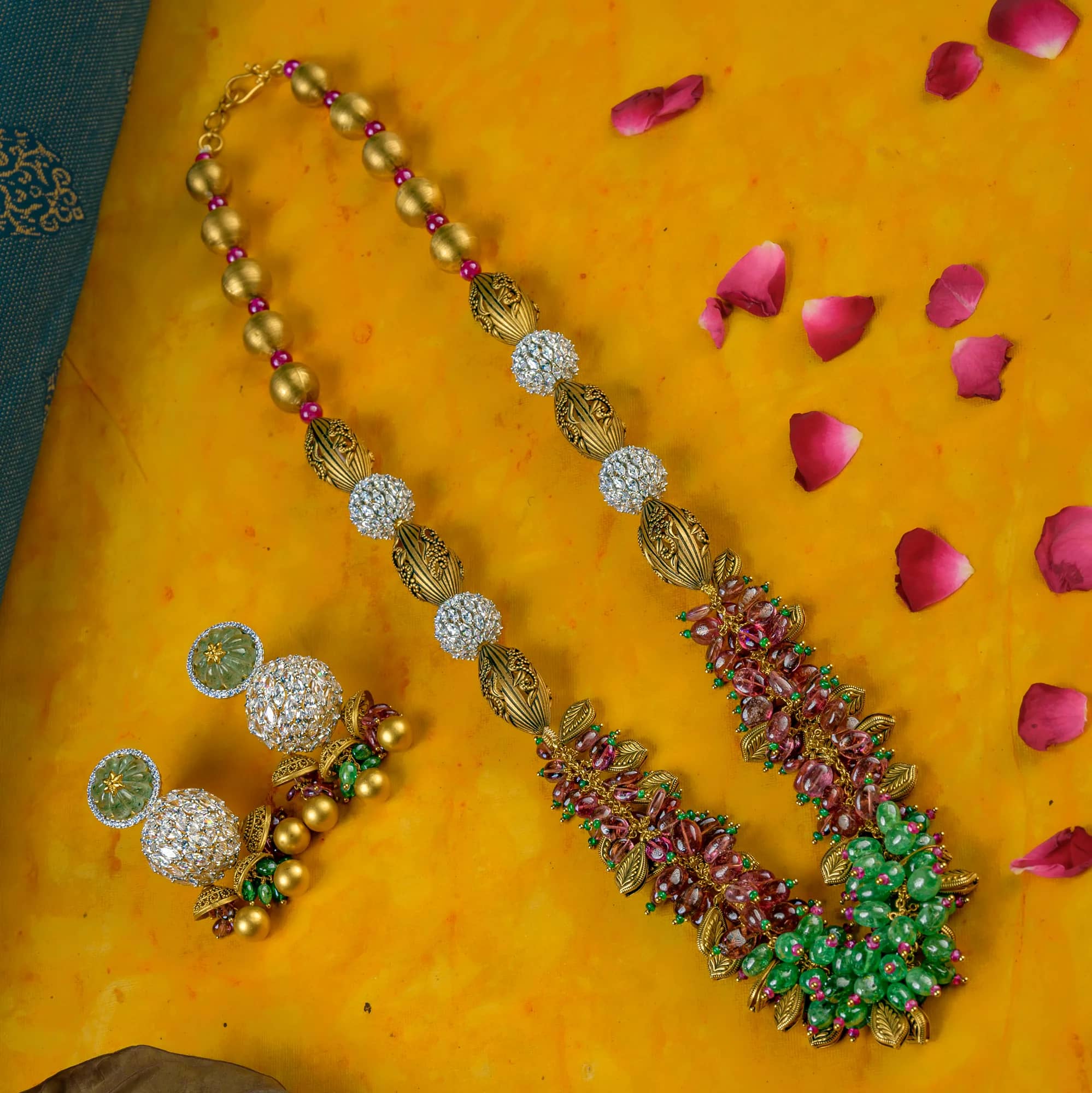 Beaded long chain with emerald drop — Antique Gold