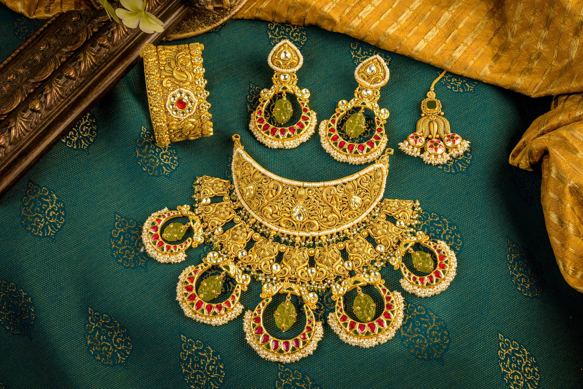 Crescent necklace with green drops — Antique Gold