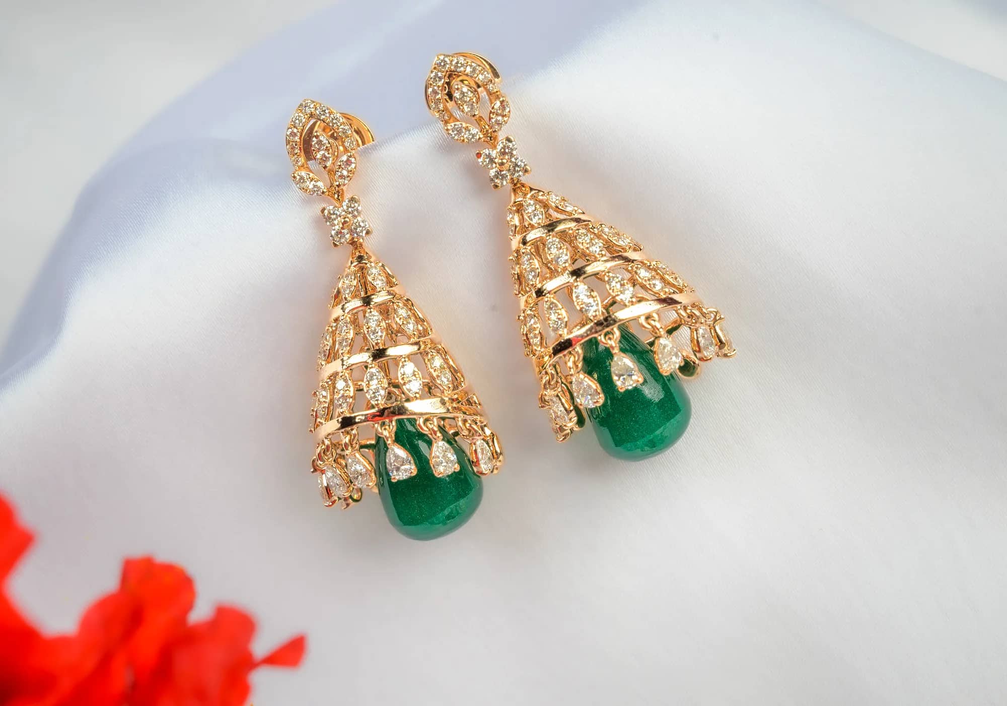 Diamond jhumkas with emerald drops — Diamond