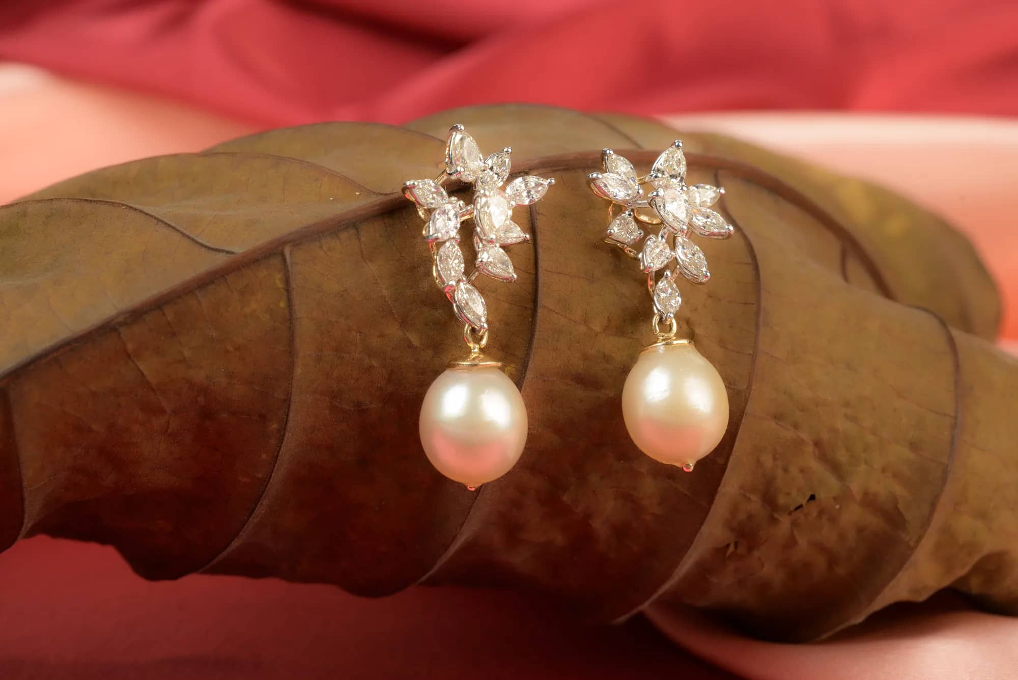 Diamond flower studs with pearl drops — Diamond