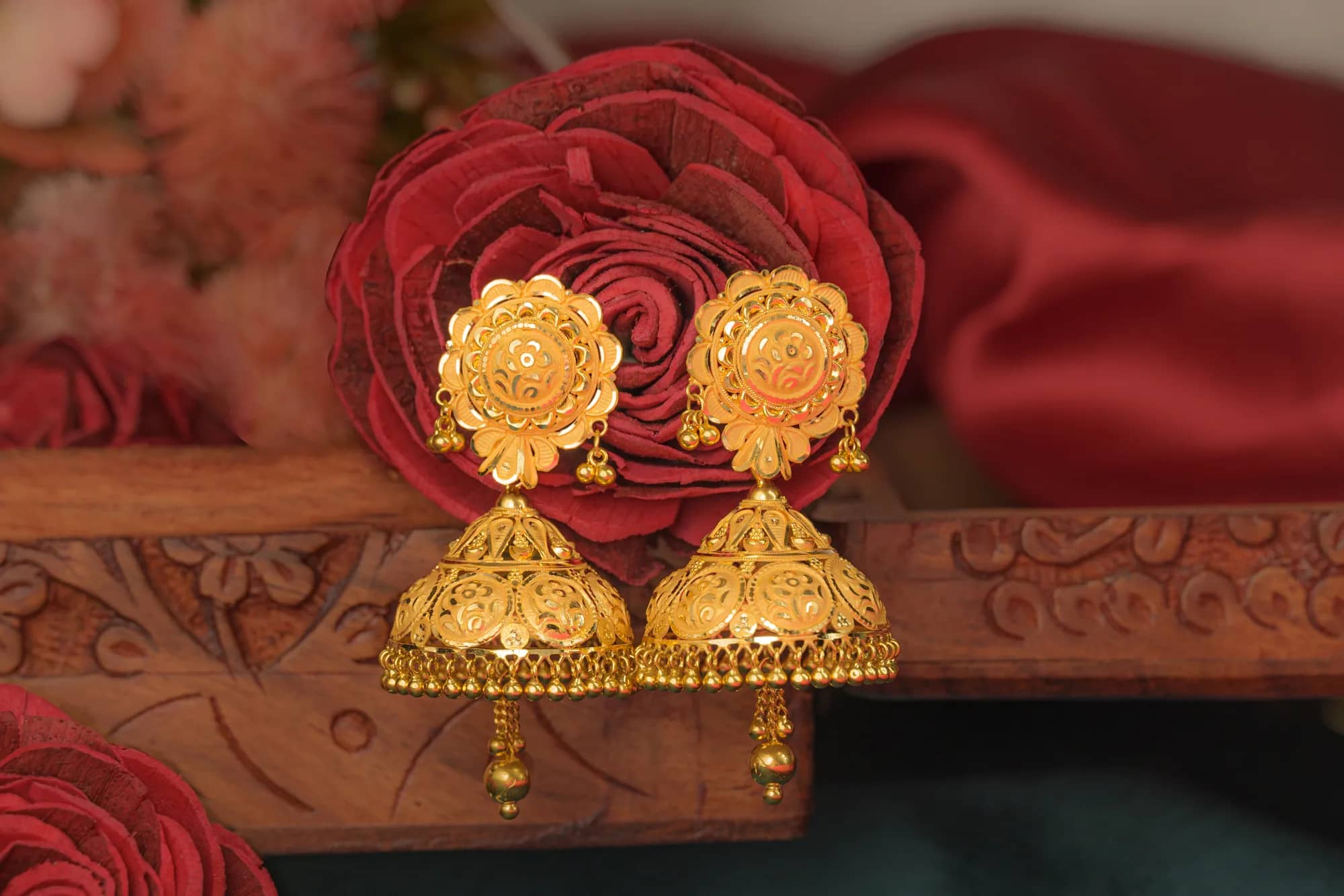 Rose-flower gold jhumkas — Plain Yellow Gold