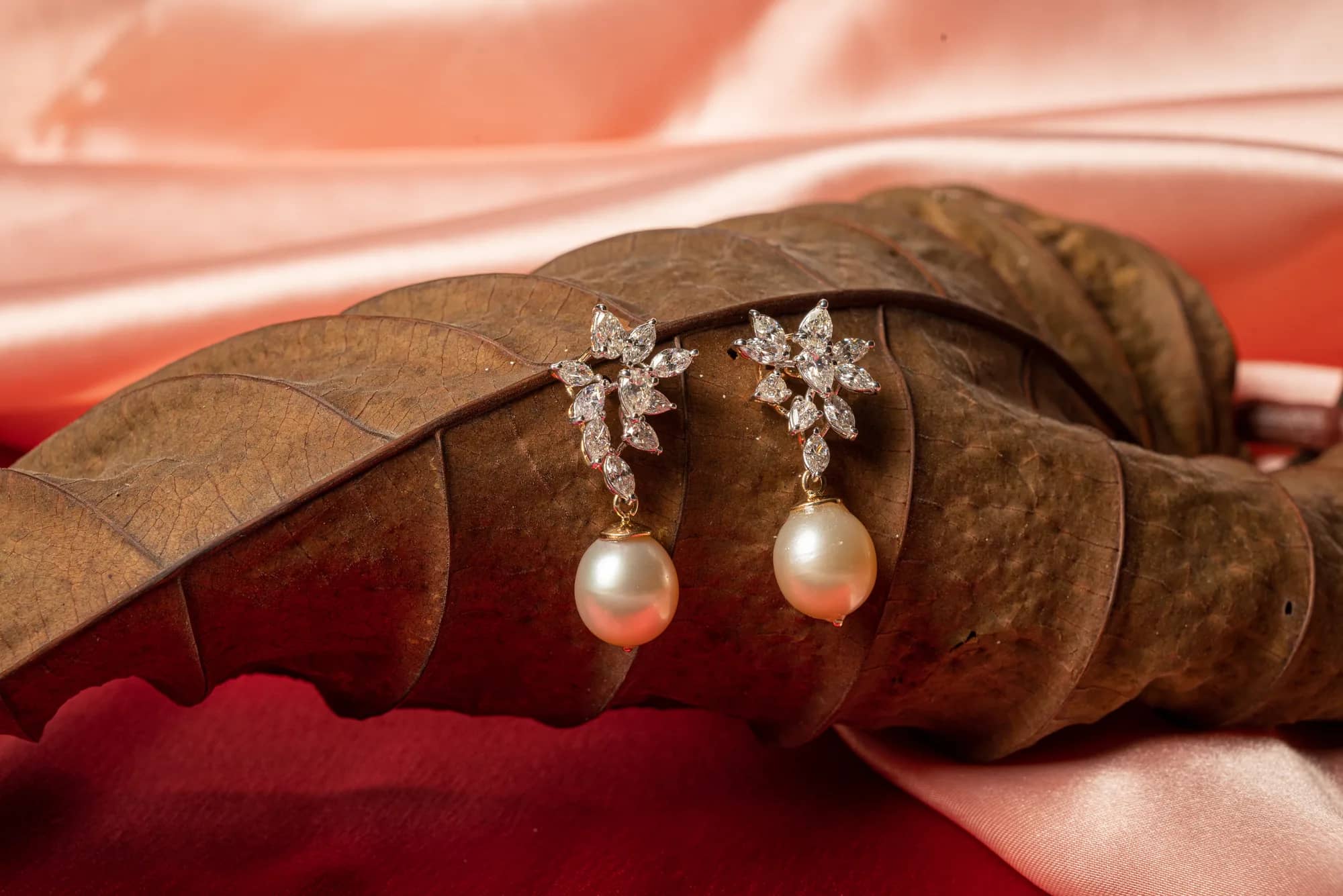Diamond flower drops with pearls — Glint collection