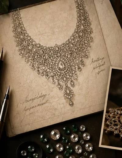 A designer's sketch of the necklace, drawn by hand