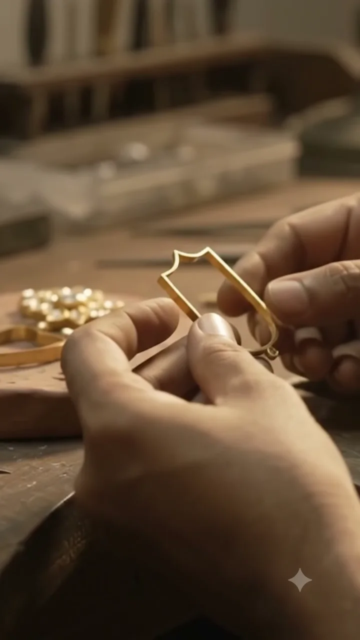 A karigar setting an emerald into a kundan collar at the bench